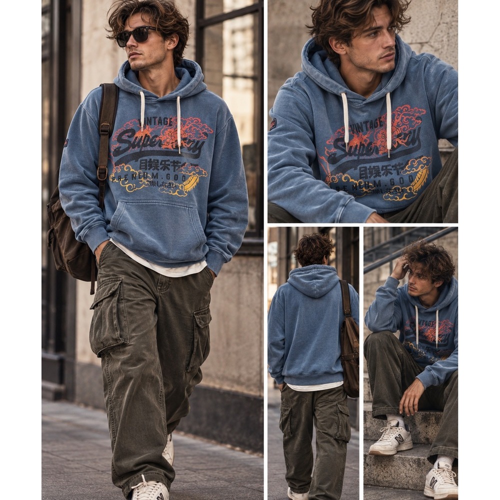 Superdry Mens L Hoodie Japanese Graphic Faded Blue Y2K Streetwear Indie Sleaze